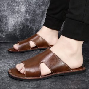 Mens Leather Non-slip Deodorant Slippers