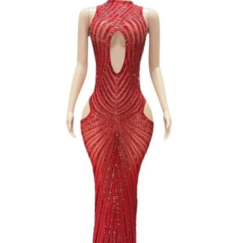 Womens Sexy Mesh Hollow-Out Nightclub Stage Dress Performance Outfit Evening Gown