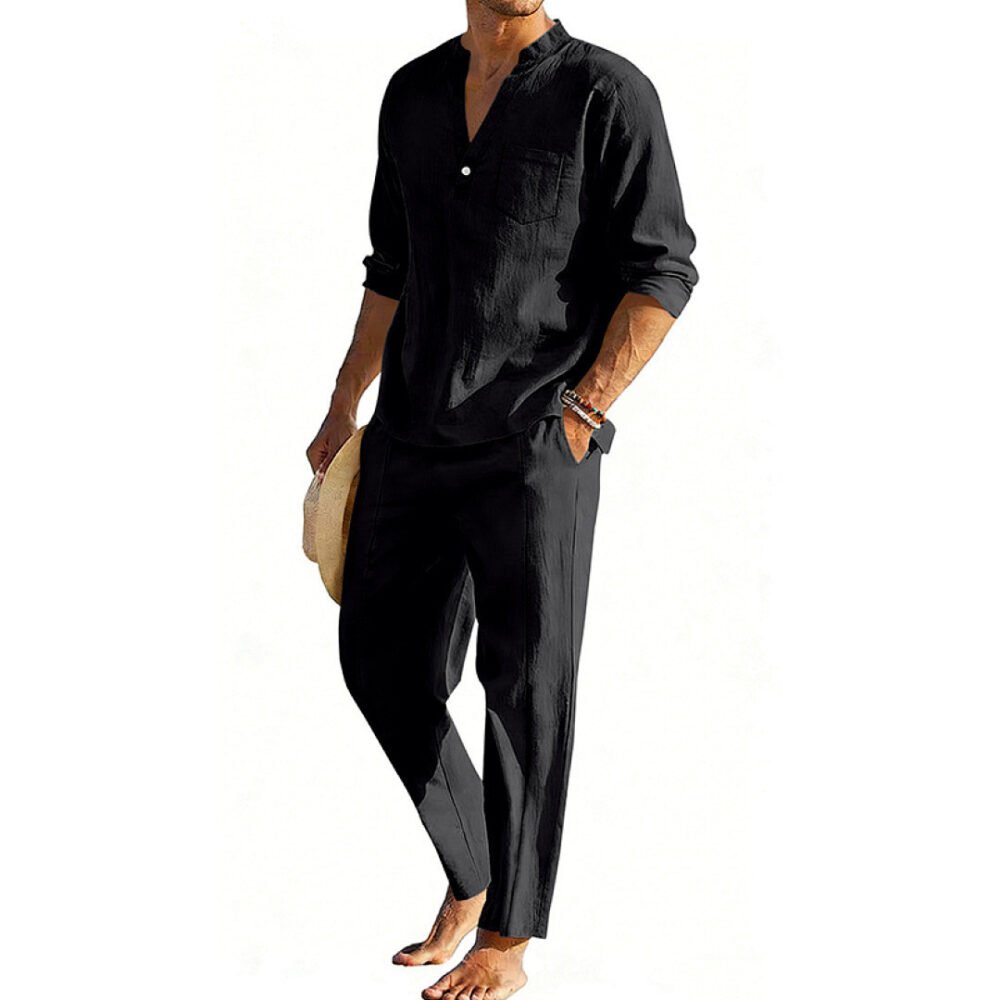 Casual Men's Henley Long-Sleeve Straight-Leg Pants Set