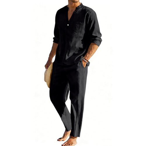 Casual Men's Henley Long-Sleeve Straight-Leg Pants Set