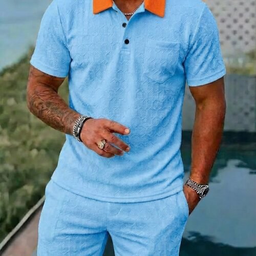 Mens Fashionable Breathable Color-Block Pocket Short-Sleeve Set