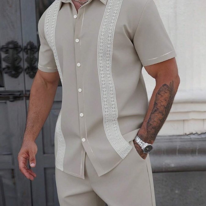 Mens Lapel-printed Short-sleeve Shirt And Shorts Set