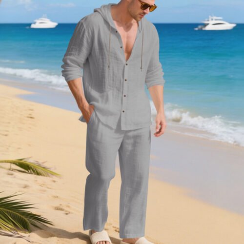 Loose, Breathable Linen Casual Hooded Long-sleeve Shirt And Pants Set