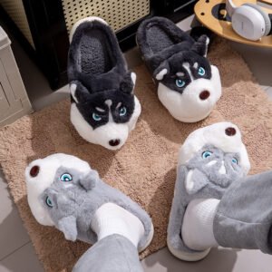 Cute Husky Cartoon Pure Cotton Slippers Men's Style Warm Indoor Slippers For Winter Home Use