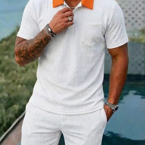 Mens Fashionable Breathable Color-Block Pocket Short-Sleeve Set