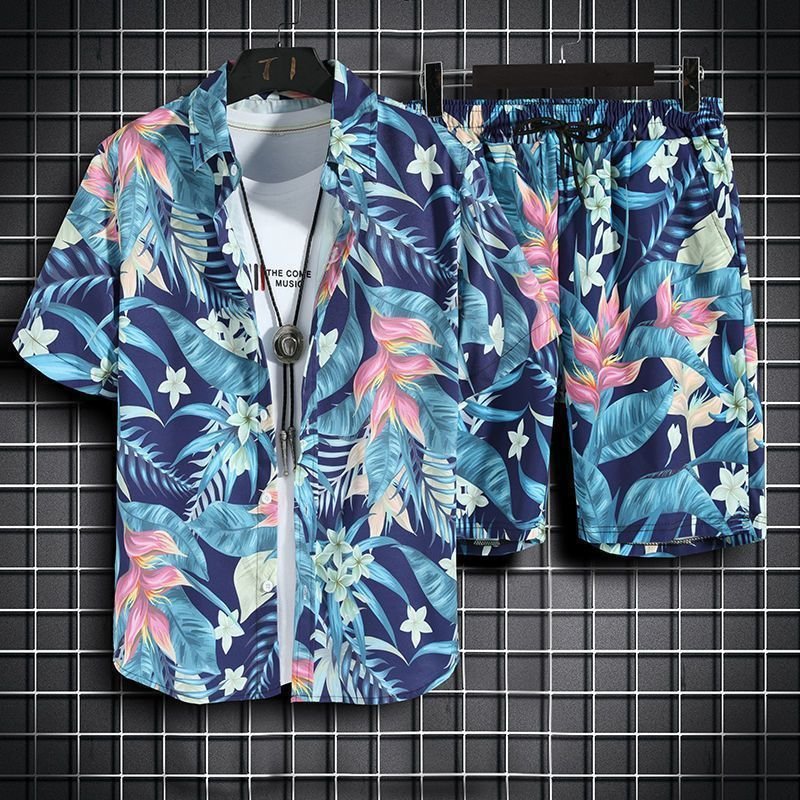 Mens Short-Sleeve Shirt And Casual Shorts Set