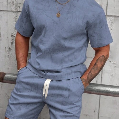 Mens Casual Outdoor Sports Printed Short-Sleeve Top And Shorts Two-Piece Set