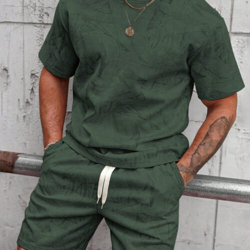 Mens Casual Outdoor Sports Printed Short-Sleeve Top And Shorts Two-Piece Set