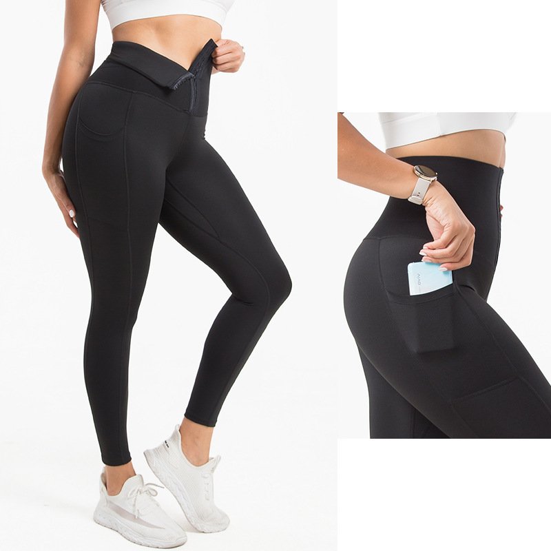 Breasted Yoga Pants Pockets Large Size Abdomen  Pants Sports Tight Yoga Body Shaper Pants