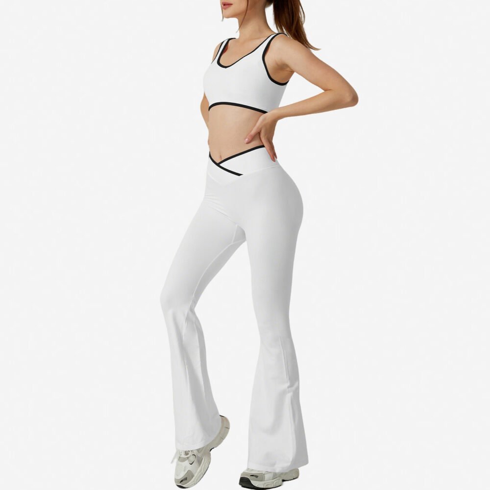 Contrast Color Round Neck Shoulder Strap Yoga Bra Bell-bottom Pants Suit