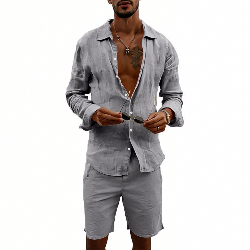 Men's Linen Casual Loose-Fit Long-Sleeve Shirt And Shorts Set