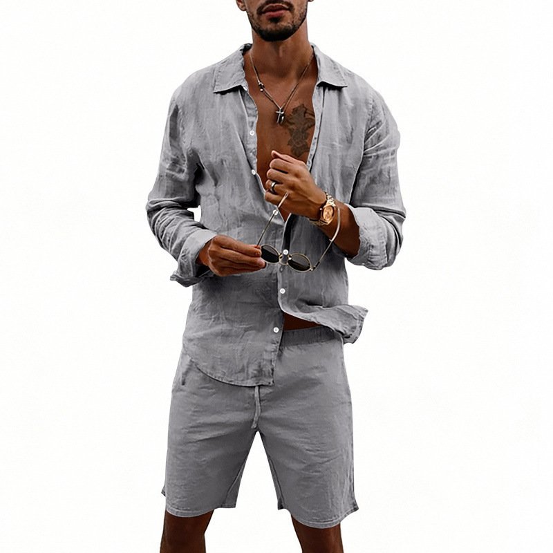 Men's Linen Casual Loose-Fit Long-Sleeve Shirt And Shorts Set