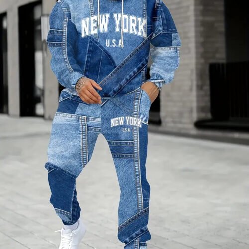 Mens Lettered Denim Hoodie With Fashionable 3D Print