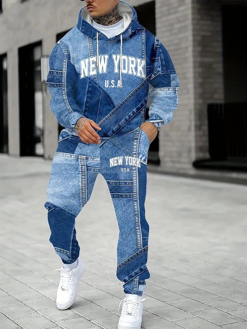 Mens Lettered Denim Hoodie With Fashionable 3D Print