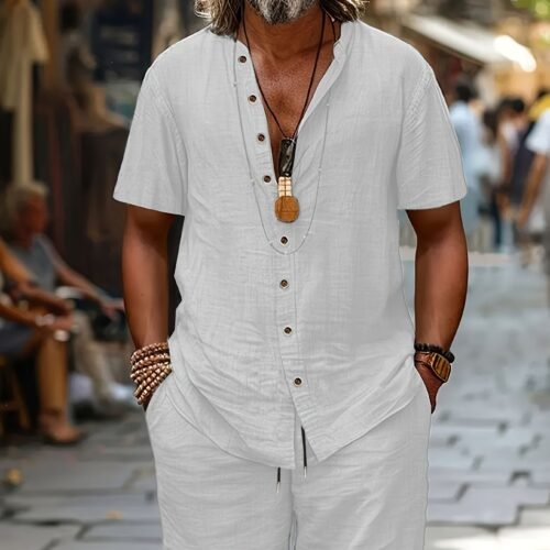 Cotton-linen Short-sleeve Shirt And Loose-fitting Shorts Two-piece Set