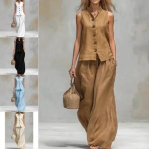 Casual Two-Piece Stand Collar Sleeveless Vest And Matching Pants Set - Summer Women Vest & Pan Two Piece Outfit