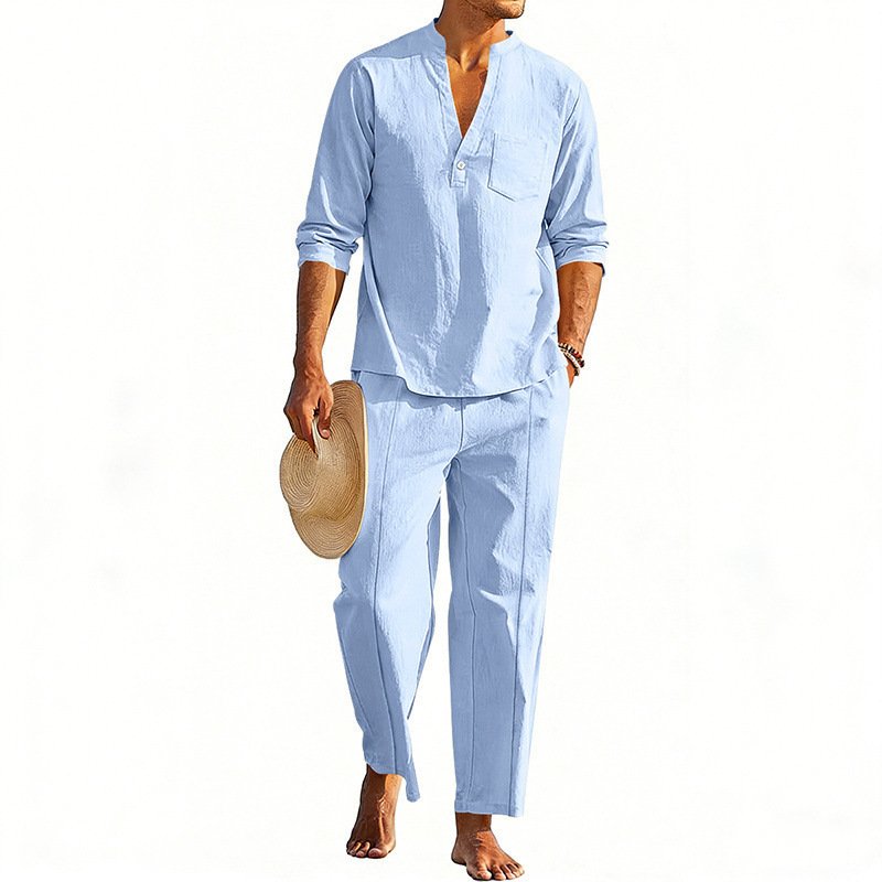 Casual Men's Henley Long-Sleeve Straight-Leg Pants Set