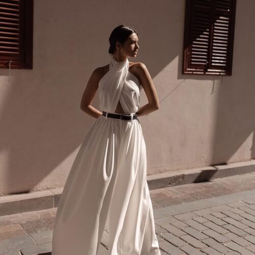 Polyester Women's Sexy Sleeveless Halter Backless Jumpsuit