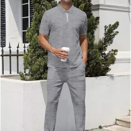 Summer Lightweight Zip Front Pants And Short Sleeve Top Set