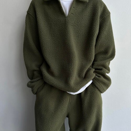 Lazy And Relaxing Army Green Collar Particle Velvet Men's Set