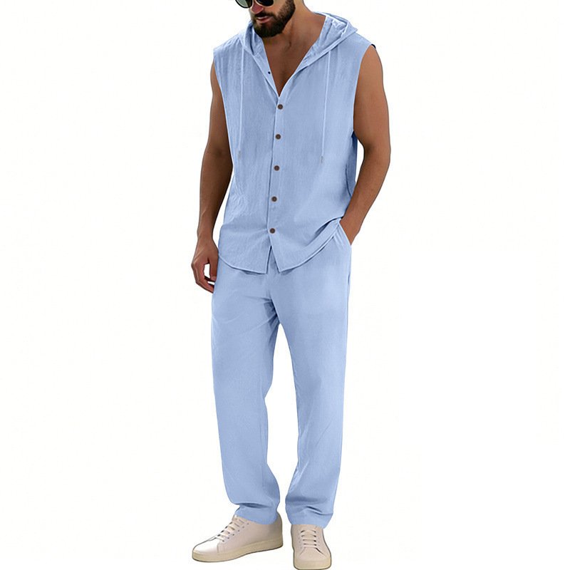 Loose-fitting Casual Hooded Sleeveless Shirt And Pants Set