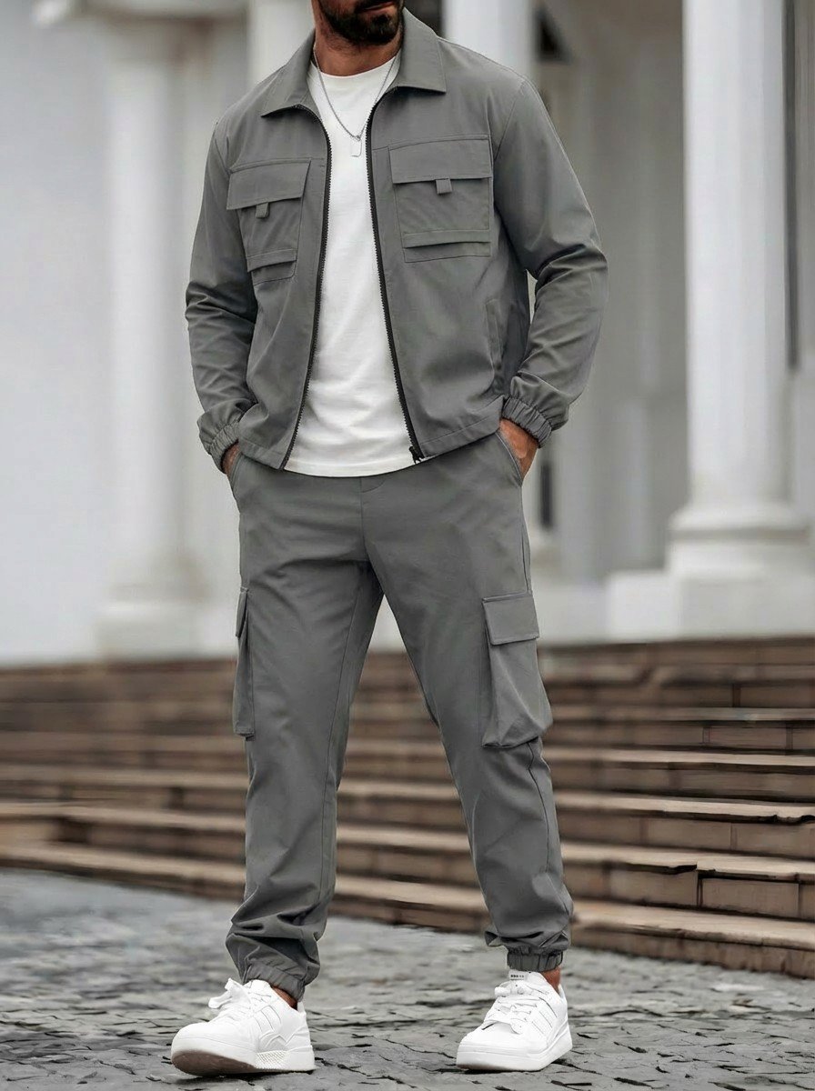 Mens Long-Sleeve Zip-Up Top And Pants Casual Workwear Set