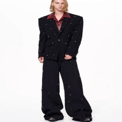 Leather-look Black Studded Design Jacket And Casual Pants Set