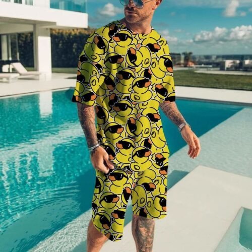 3D digital printed men's casual short sleeved shorts set