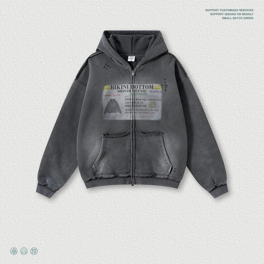 Mens Printed Ripped Zip-Up Hoodie Cardigan Coat