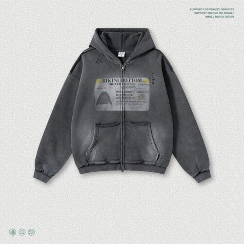 Mens Printed Ripped Zip-Up Hoodie Cardigan Coat