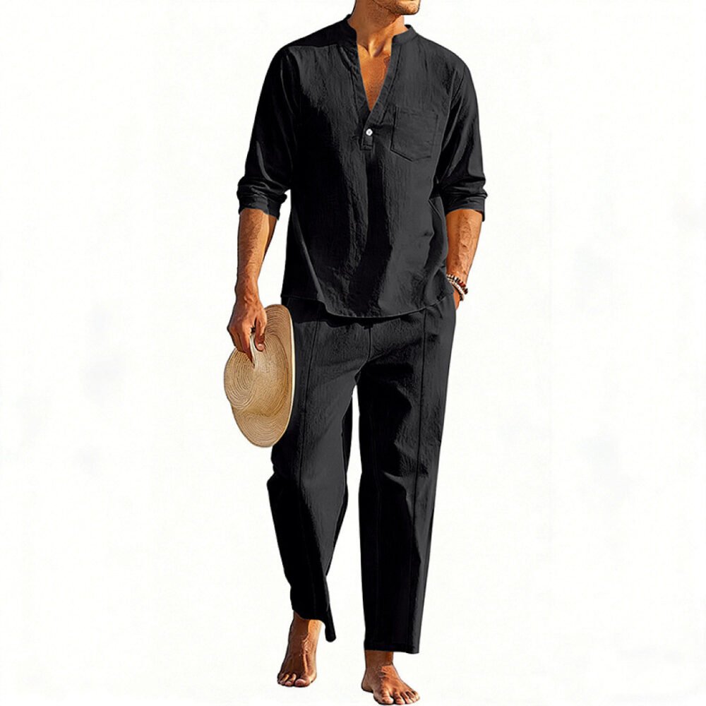 Casual Men's Henley Long-Sleeve Straight-Leg Pants Set