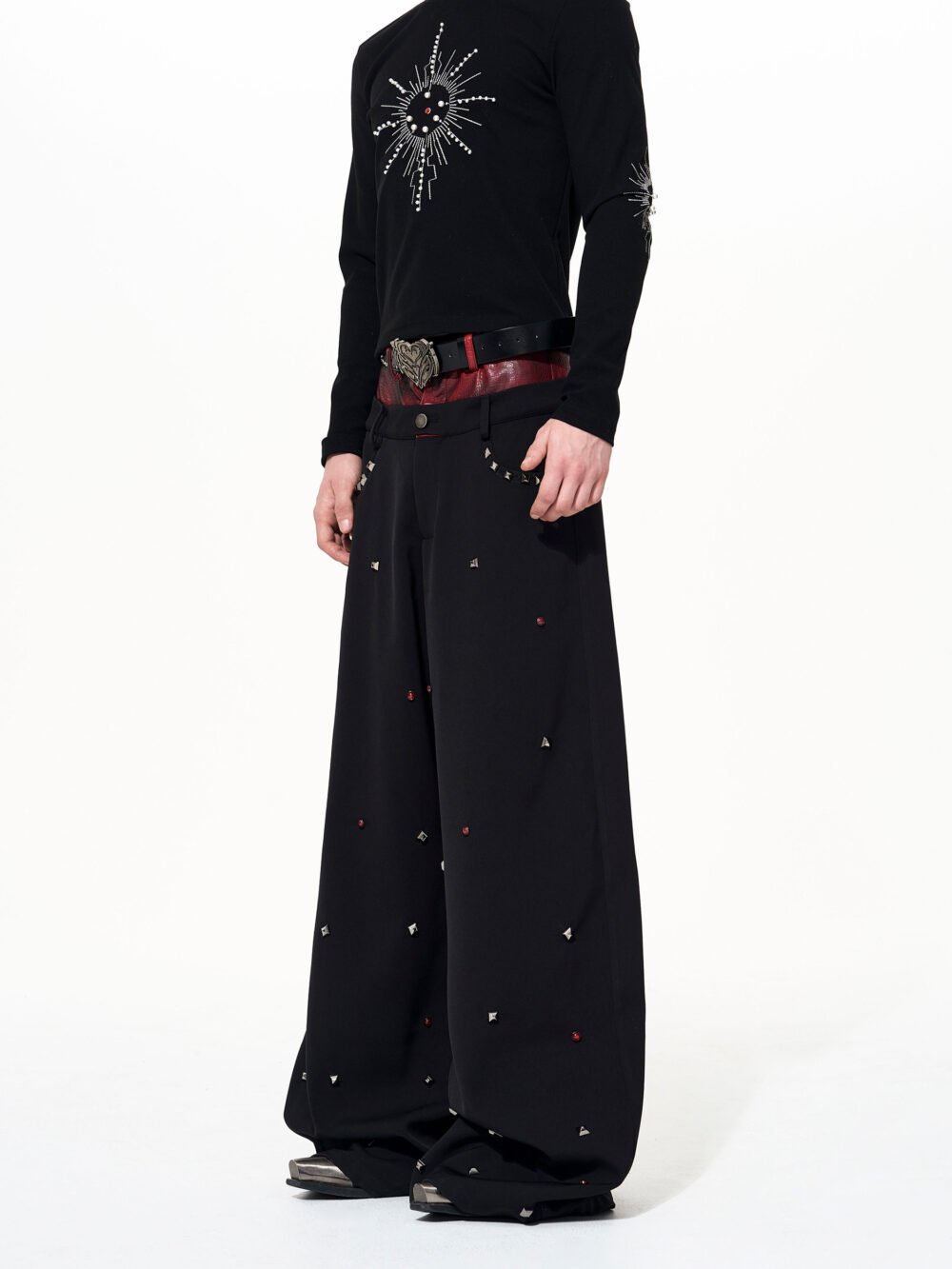 Leather-look Black Studded Design Jacket And Casual Pants Set