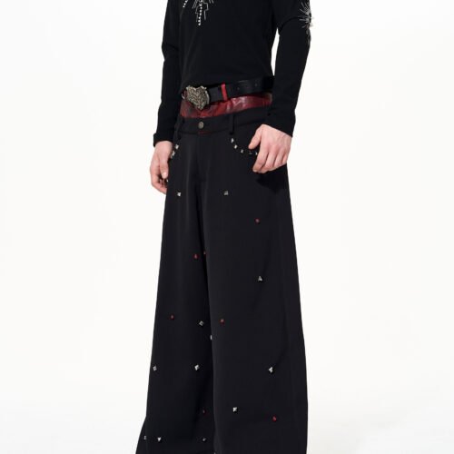 Leather-look Black Studded Design Jacket And Casual Pants Set