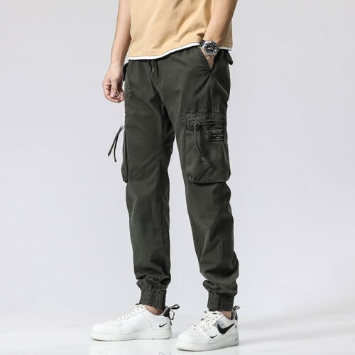 0a5829a4-bde6-45f4-a984-ddc8099a934d.jpg Casual Pants Trendy Brand Elastic Waist Men's Youth Simple Pure Cotton Multi-pocket Work Pants Trousers Ankle-tied