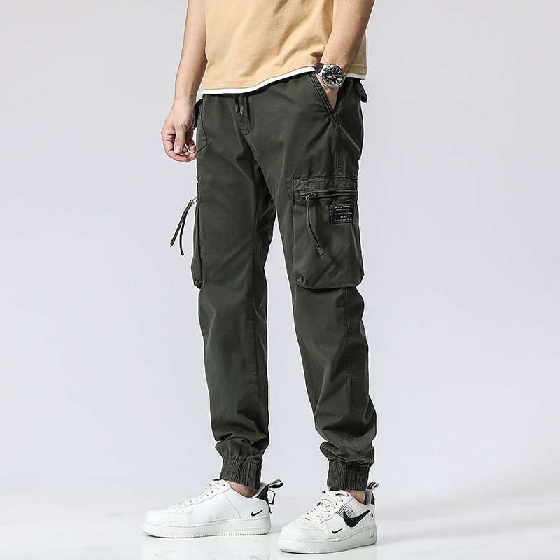 0a5829a4-bde6-45f4-a984-ddc8099a934d.jpg Casual Pants Trendy Brand Elastic Waist Men's Youth Simple Pure Cotton Multi-pocket Work Pants Trousers Ankle-tied