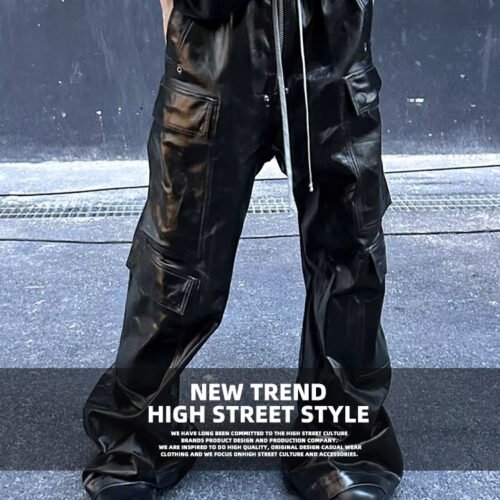 Bright Coated Wide Legged Black Casual Pants
