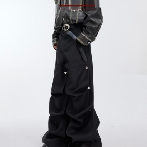 33eb1500-b009-40a5-9137-9702af0f4b54.jpg Rivet Design Casual Pants High Waist Crimp Stitching Loose Cargo Trousers