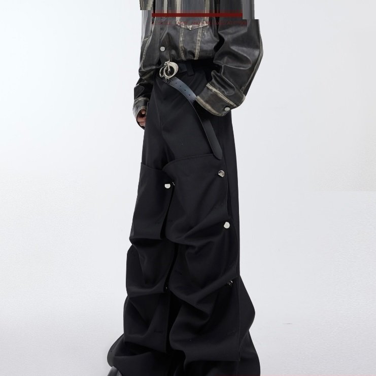 33eb1500-b009-40a5-9137-9702af0f4b54.jpg Rivet Design Casual Pants High Waist Crimp Stitching Loose Cargo Trousers