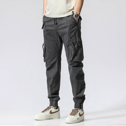 3b53242e-40c2-4855-a555-1a8af9555615.jpg Casual Pants Trendy Brand Elastic Waist Men's Youth Simple Pure Cotton Multi-pocket Work Pants Trousers Ankle-tied