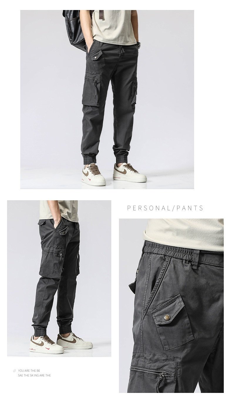 3d27c936-a178-4d92-9ce6-13a49133c4ad.jpg Casual Pants Trendy Brand Elastic Waist Men's Youth Simple Pure Cotton Multi-pocket Work Pants Trousers Ankle-tied