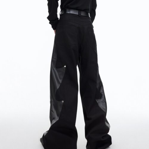 626e47ab-ebf5-4b99-a685-26065280e9f1.jpg Niche Structured Leather Patchwork Flame Rivet Trousers
