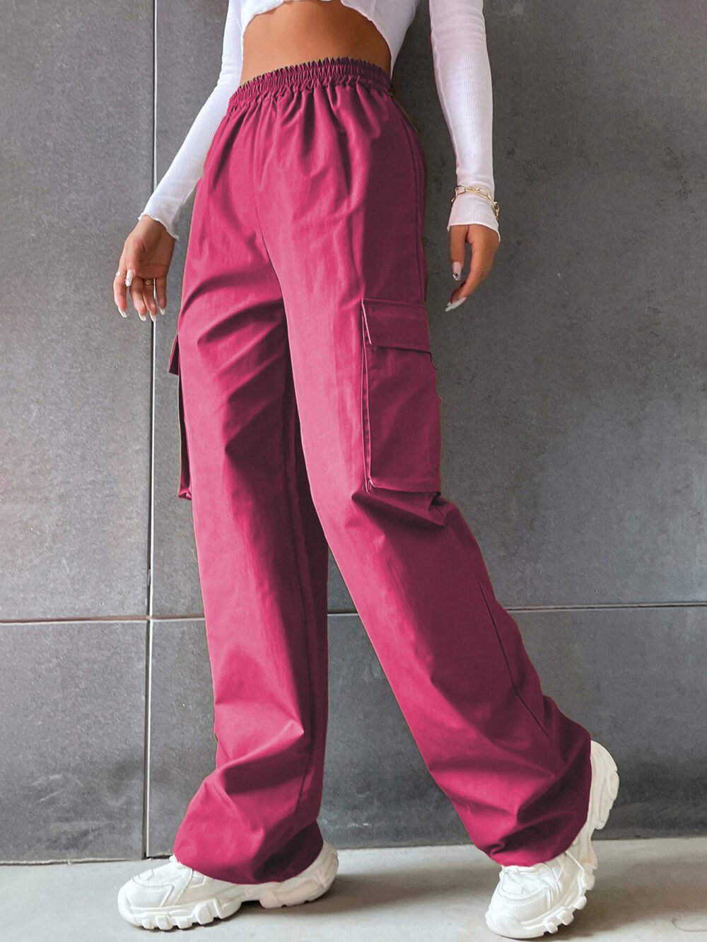 7e486b5a-a223-483a-875d-d067ad160569.jpg Women's Fashion Solid Color High Waist Flip Workwear With Pocket Pants