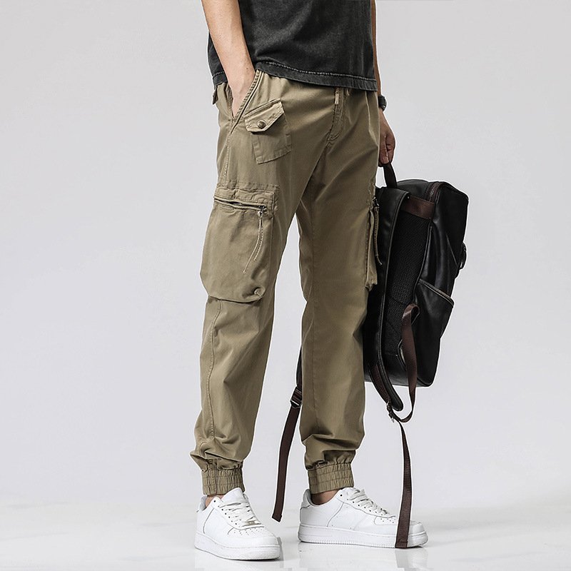 ef5b010e-03b7-4601-b92a-04efad297c8c.jpg Casual Pants Trendy Brand Elastic Waist Men's Youth Simple Pure Cotton Multi-pocket Work Pants Trousers Ankle-tied